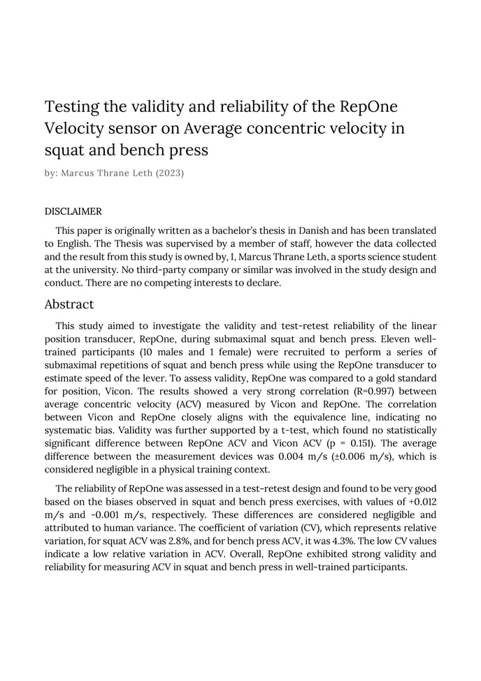 Marcus Leth (2023) - Testing the validity and reliability of the RepOne Velocity sensor on Average concentric velocity in squat and bench press-images-0